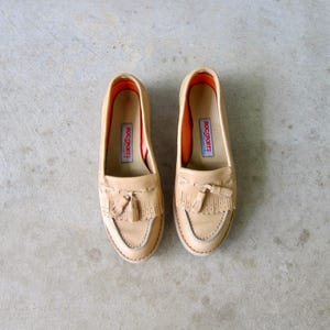 80s Tan Leather Loafers with Tassels | Roc Sports Preppy Slip Ons | Summer Fall Prep Shoes