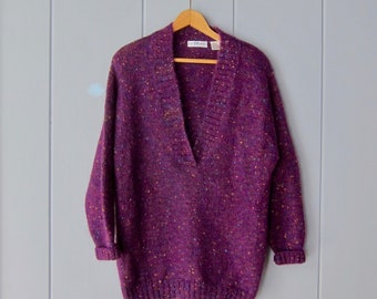 90s Speckled Mohair Blend Sweater | Vintage Purple Wool Slouchy Sweater | Rainbow Speckled Pullover Sweater Top