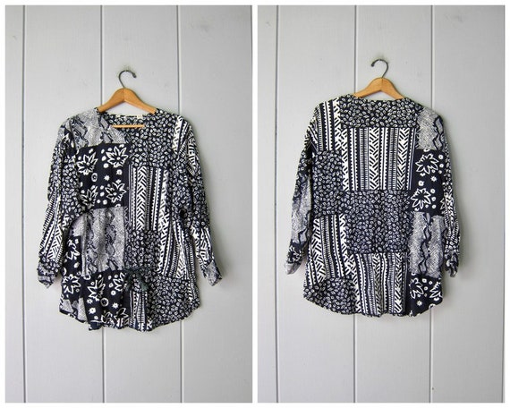 80s Floral Patchwork Tunic Top | Vintage Black Whi