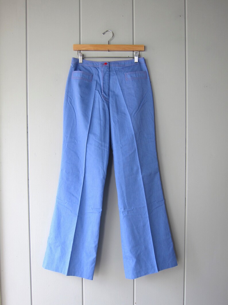 70s Anne Klein Wide Leg Pants Denim Look Vintage Bell Bottoms with Red Stitching Modern Wide Legged Sailor Boho Hippie Trousers NWT CJ image 2