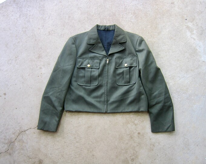 70s Cropped Army Jacket Vintage Army Green Wool Coat Zip up Blazer