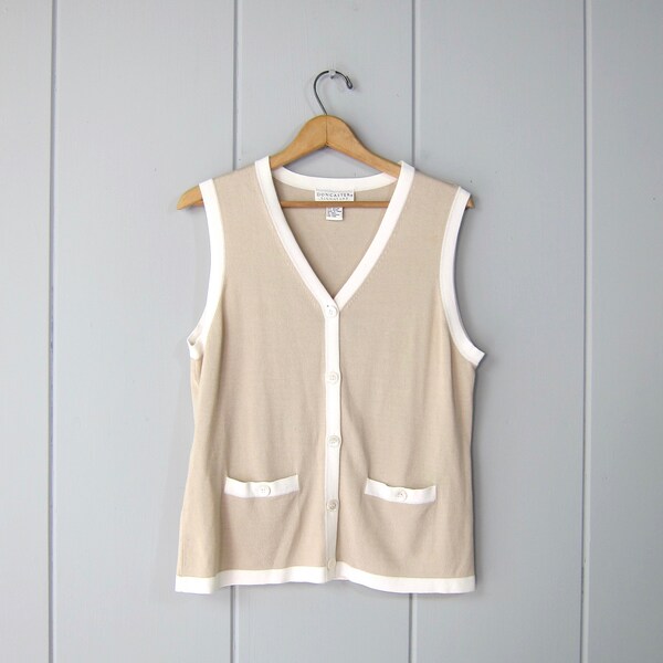 Modern Buff & White Preppy Vest Top | Natural Beige Cotton Rayon Button Up Knit Tank Top