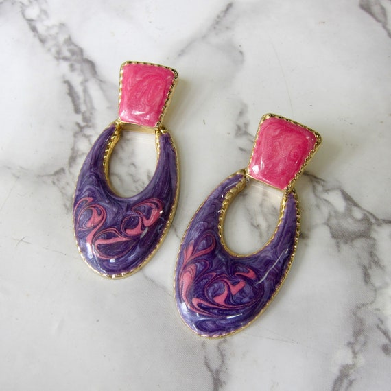 80s Pink Purple Drop Earrings | Vintage Glamour D… - image 2