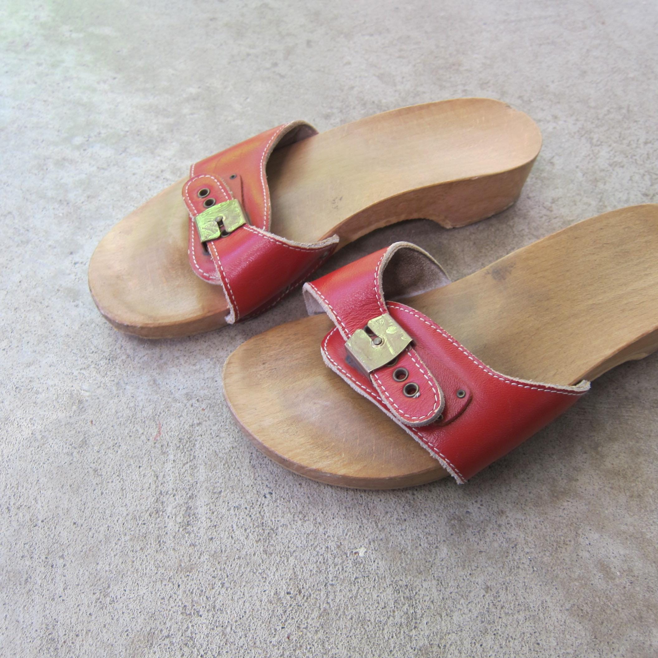 Vintage 70s Scholl's Red Leather Wooden Slip Ons Beach Sandals