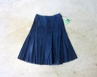 70s Suede Aline Skirt | Vintage Deadstock Anne Klein Western Skirt | Navy Blue Leather Midi Skirt | High Waist Suede Skirt - CJ