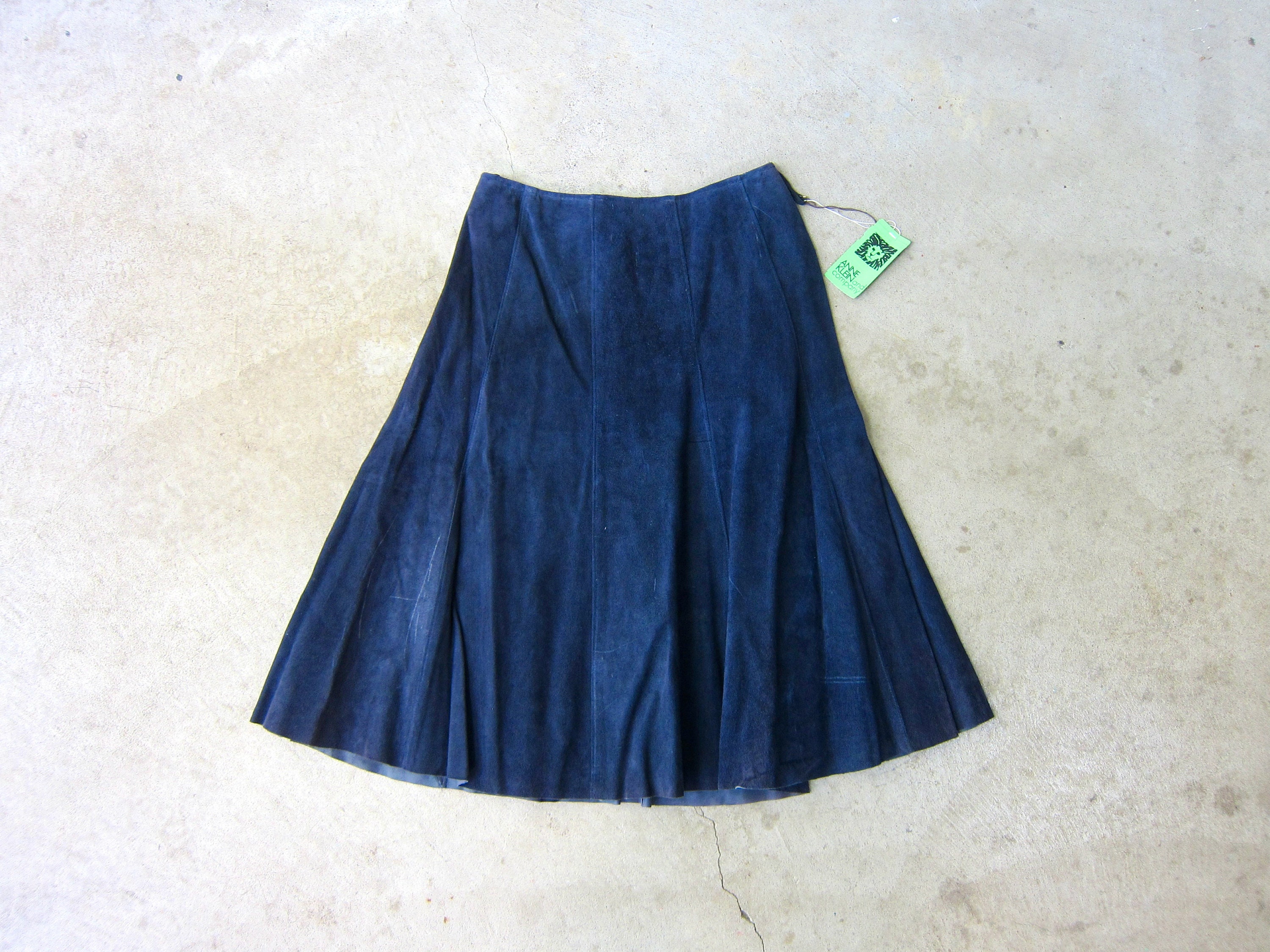 70s Vintage Anne Klein Suede A-Line Skirt Navy Blue Leather Midi