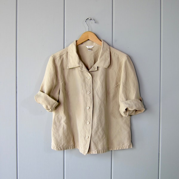 90s Natural Modern Shirt | Boxy Button Up Rayon Blouse | Cropped Minimal Half Sleeve Top