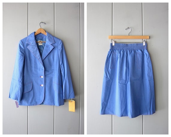 Vintage 70s Matching Two Piece Outfit | Blue Blaz… - image 1