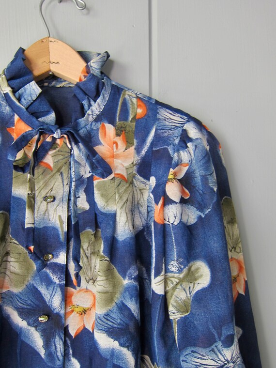 70s Button Up Floral Blouse | Long Sleeve Ascot T… - image 3