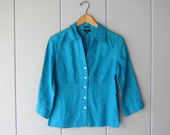 90s Vivid Blue Linen Blouse | Cropped Linen Top | Minimal Button Up Quarter Sleeve Linen Shirt