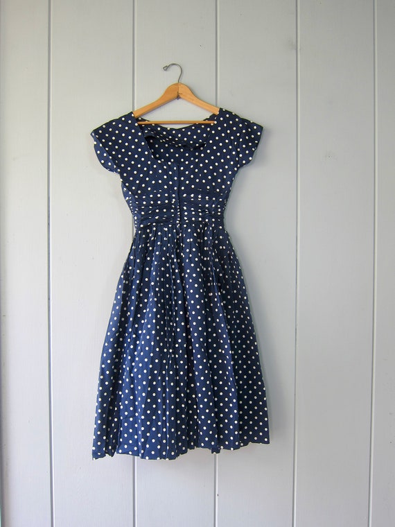 50s Blue White Polka Dot Day Dress | Vintage 1950… - image 6