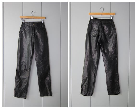90s Black Leather Pants: Speciale Mode High Waist Biker Jeans XS