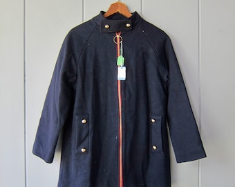 60s Navy Blue Wool Coat Vintage 1960s Zip Up Red Faux Fur Liner Winter Coat - Deadstock CJ