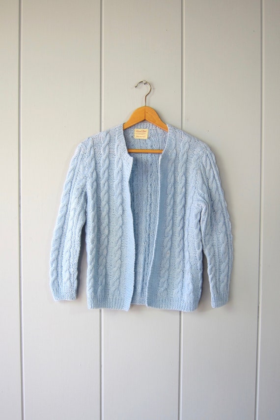 60s Baby Blue Hand Knit Sweater | Handwoven Cable Knit 60s Baby Blue Hand Knit Sweater | Handwoven Cable Knit