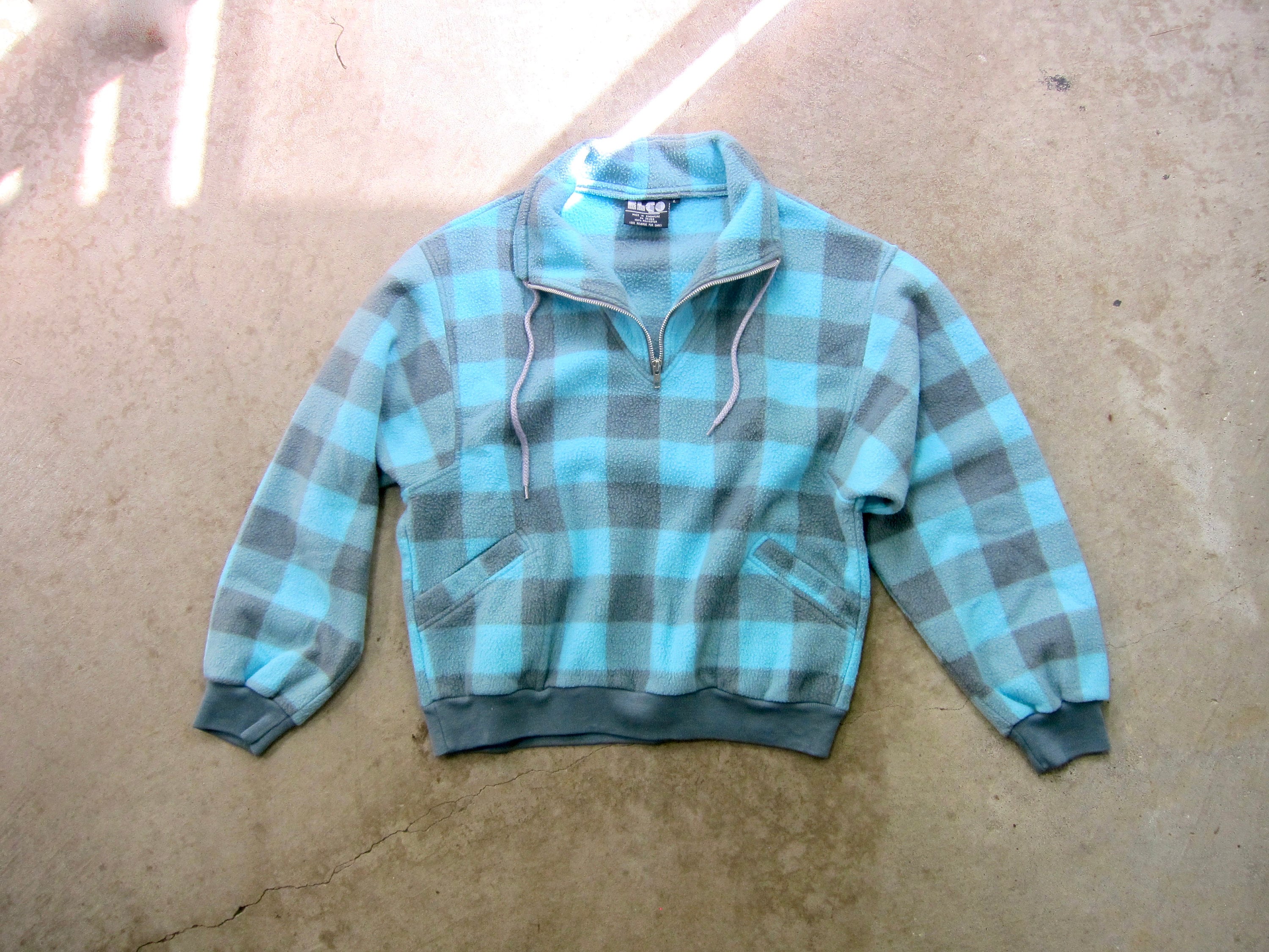 80s Pullover Fleece Jacket Blue Grey Checkered Fleece Coat - Etsy
