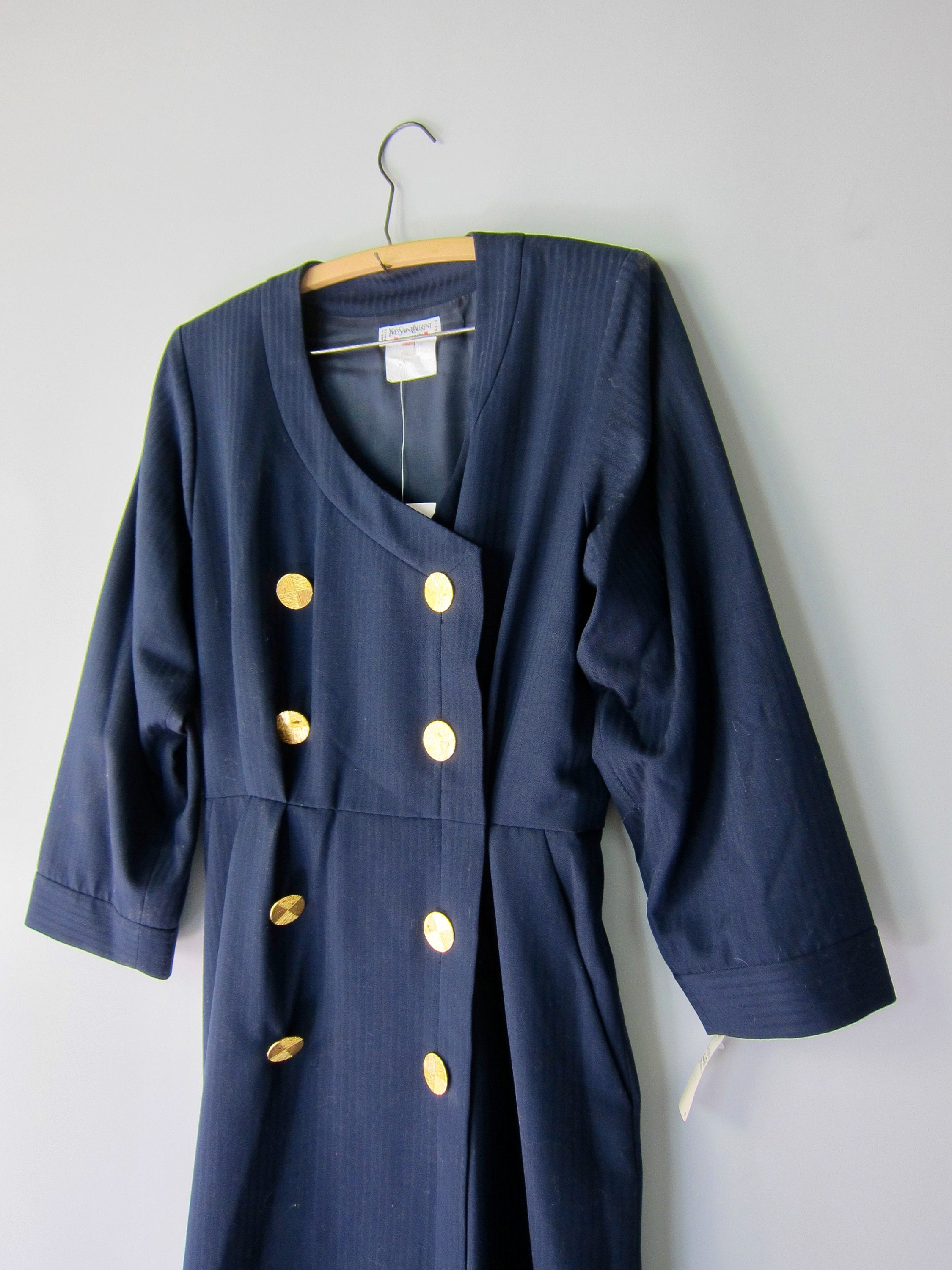 Vintage Yves Saint Laurent ダブルブレスト ワンピース Vintage Yves Saint Laurent Wool Coat Dress: 90s Navy Pinstripe