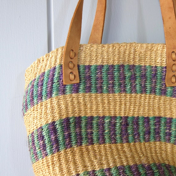 Vintage Colorful Jute Bag | Leather Shoulder Stra… - image 3