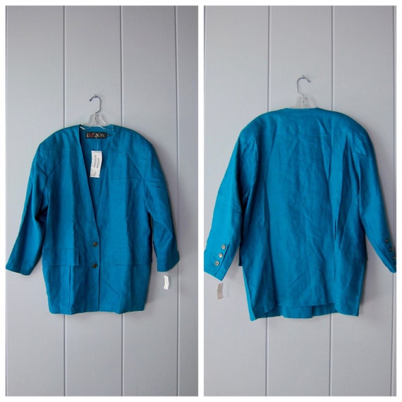 80s ESCADA Teal Blue Linen Blazer | 90s Oversized… - image 2