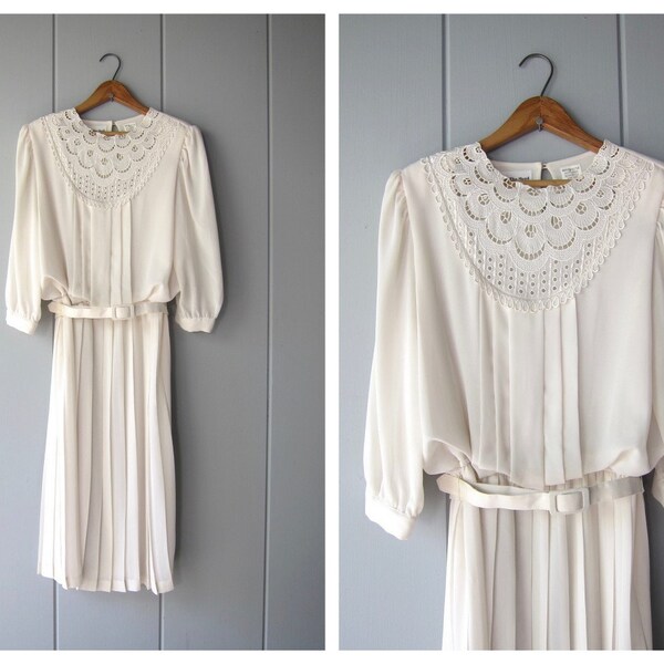 80s Creamy White Secretary Dress | Vintage Lace Bib Prairie Dress | Puff Sleeve Pleated Dress