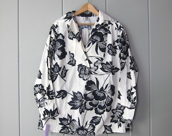 Anne Klein Weiß Marine Blumendruck Bluse Vintage tropisch Hawaii Garten Sommer Urlaub Pullover Top CJ Neu mit Etikett