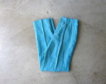 Calças de linho CORBIN dos anos 90: Calças vintage azul-esverdeadas de cintura alta
