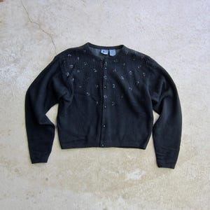 90s Black Beaded Cardigan Sweater Vintage Lambswool Button Up Sweater Holiday Cocktail Sweater Top