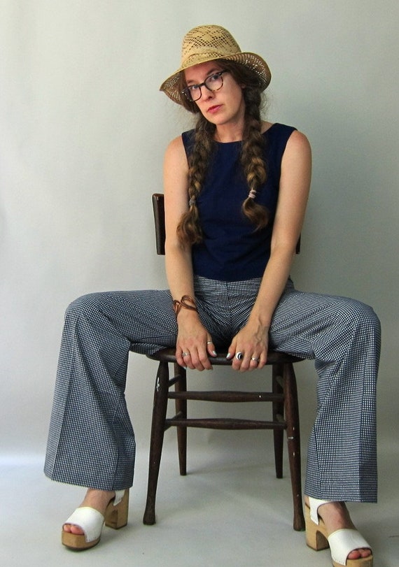 70s Blassport Wide Leg Gingham Pants | Blue White… - image 1