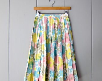 60s Vintage Floral Pleated Skirt: Pastel Summer Garden Print
