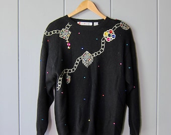 Vintage 80s Ugly Christmas Cardigan Sweater Bedazzled & Beaded Sweater Embellished 90s Decorated Holiday Black Gold Embroidered Knit Sweater