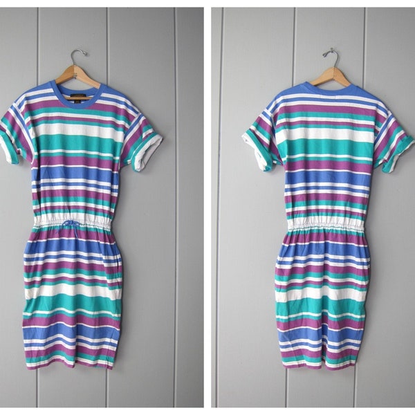 90s Eddie Bauer Striped Sports Dress | Short Sleeve Summer White Blue Pink Cotton Dress | Vintage Drawstring Sporty Tennis Dress