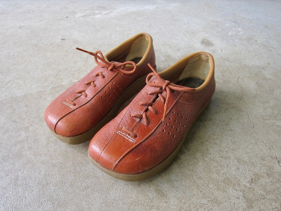70s Brown Leather Loafers | Lace Up Platform Shoe… - image 1