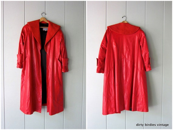 80s Long Red Leather Coat | Open Leather Trench |