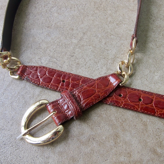 90s Brown Croc & Chain Leather Belt | Leather Gol… - image 1