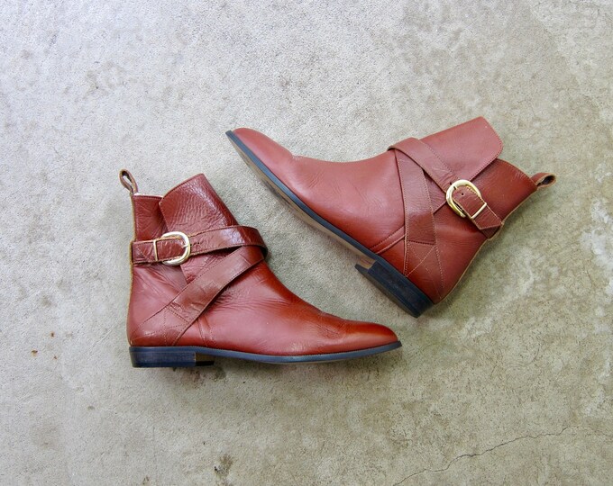 70s Brown Leather Buckled Boots | Modern Side Strap Buckle Ankle Boots ...
