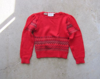 70s Hand Knitted Red Wool Sweater | THINGS Brand Puff Shoulder Sweater | Marisa Christina Hand Knit Woven Wool Folk Sweater