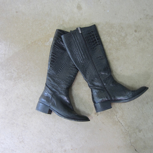 90s Tall Black Leather Boots | Vintage DUO Riding Booties | Textured Croc Leather Boots | Equestrian Boots - Women's 41