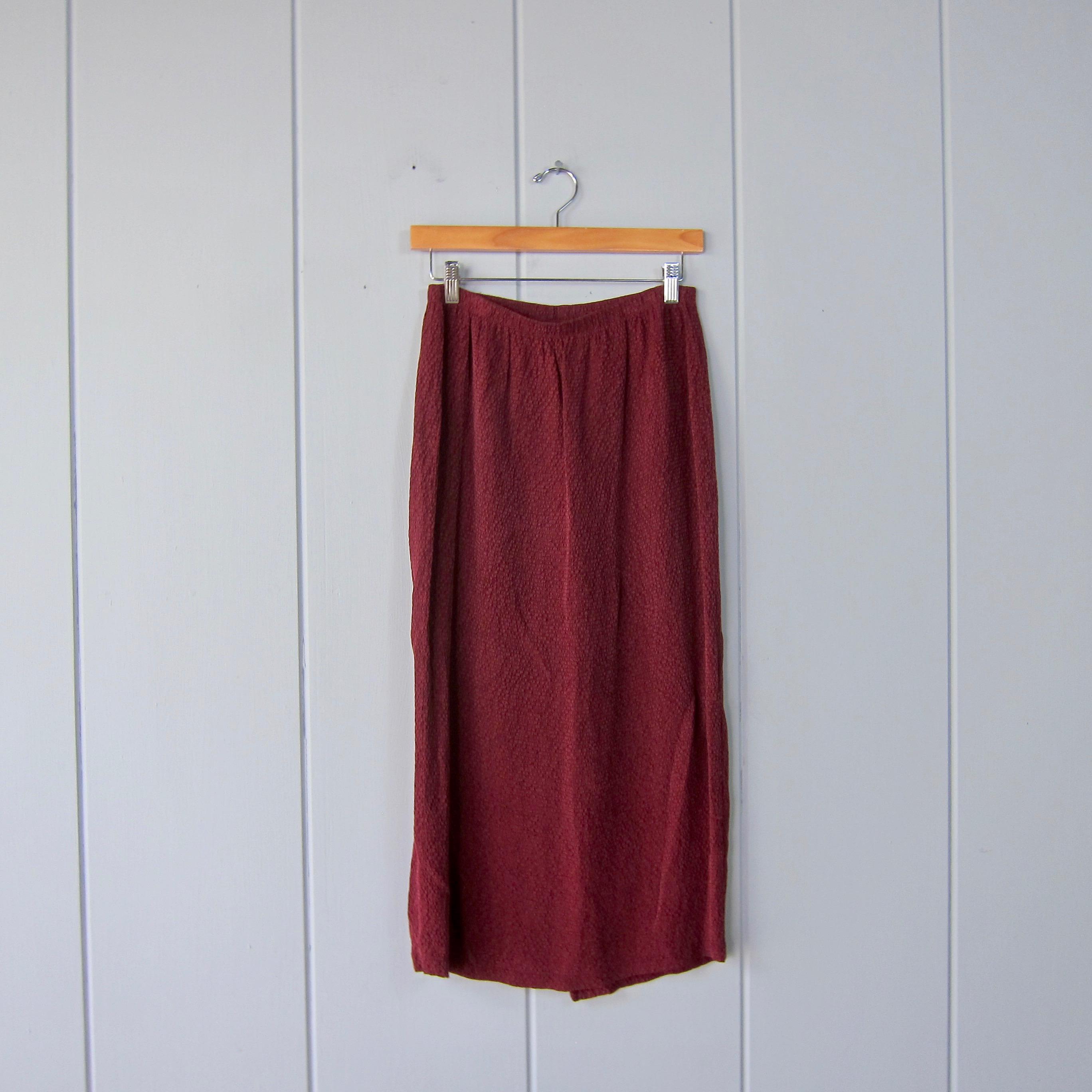 90s Cranberry Dark Red Midi Skirt | Long Rayon SILKY Skirt