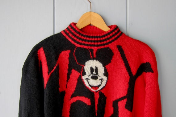80s MICKEY Mouse Wool Sweater | Black Red Color Block Wool