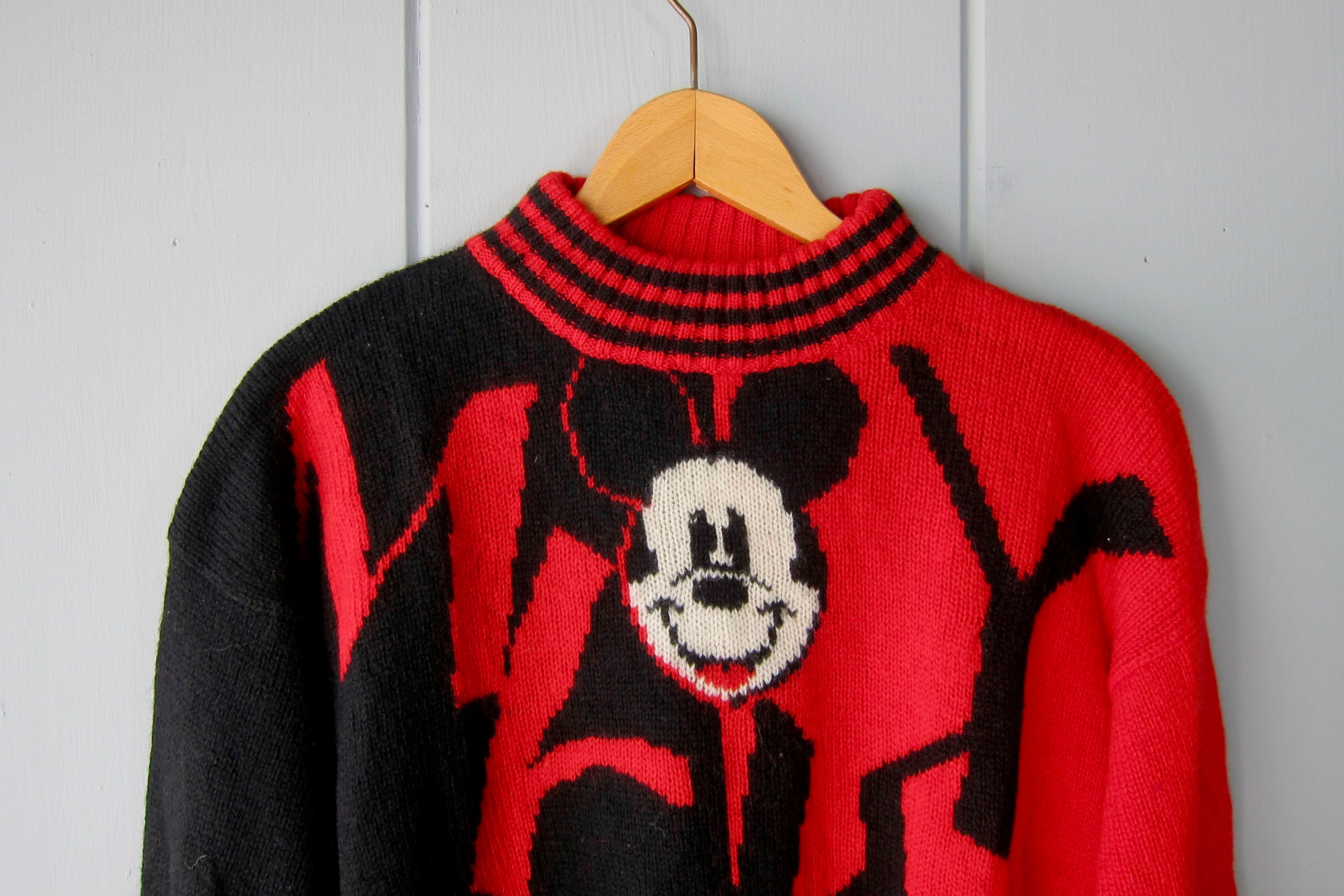 80s MICKEY Mouse Wool Sweater | Black Red Color Block Wool