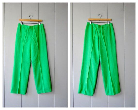 70s Anne Klein Wide Leg Pants | GREEN Woven Linen… - image 1