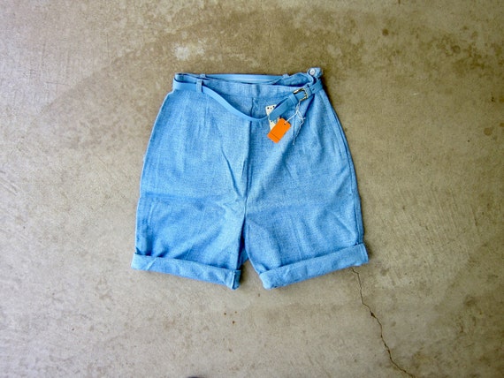 Light Blue Cotton Knit Shorts | 60s Preppy High Wa