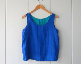 90s Blue & Green Silk Tank | Minimal Sleeveless Tee | REVERSIBLE Modern Silk Top