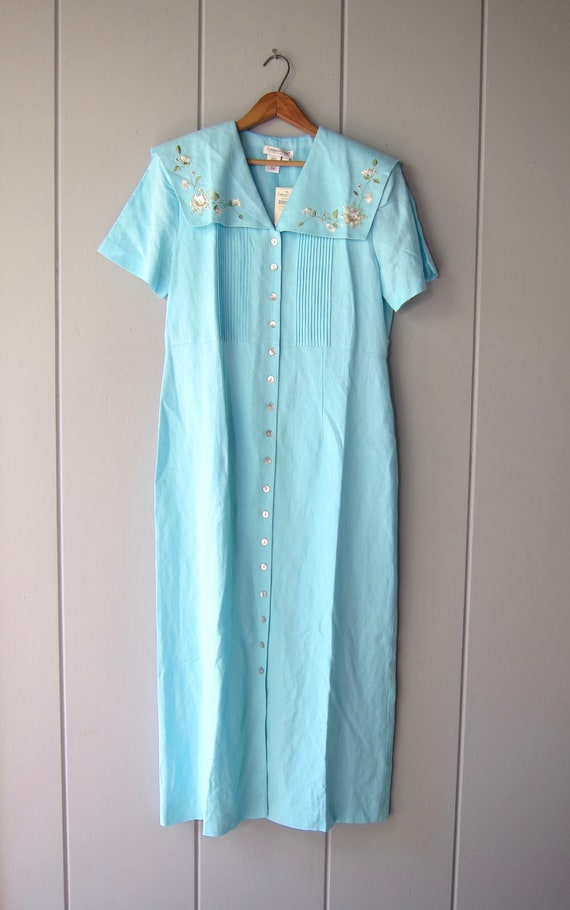 Long Blue Linen  Ankle Dress 90s Laura Ashley Sty… - image 2