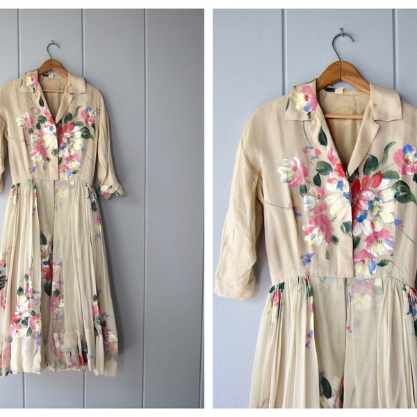Vintage 50s Silk Chiffon Dress | Floral Silk California Holly Hoelscher Shirtdress | Garden Party Wedding Day Dress