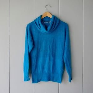 80s Soft Angora Sweater | Vintage Modern Turtleneck Sweater | Liz Claiborne 90s Teal Blue Lambswool Snuggly Angora Pullover