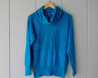 80s Soft Angora Sweater | Vintage Modern Turtleneck Sweater | Liz Claiborne 90s Teal Blue Lambswool Snuggly Angora Pullover