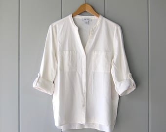 Modern White Linen Blouse | Long Sleeve Summer Blouse | Minimal Button Up Shirt | Flax Boyfriend Blouse with Pockets