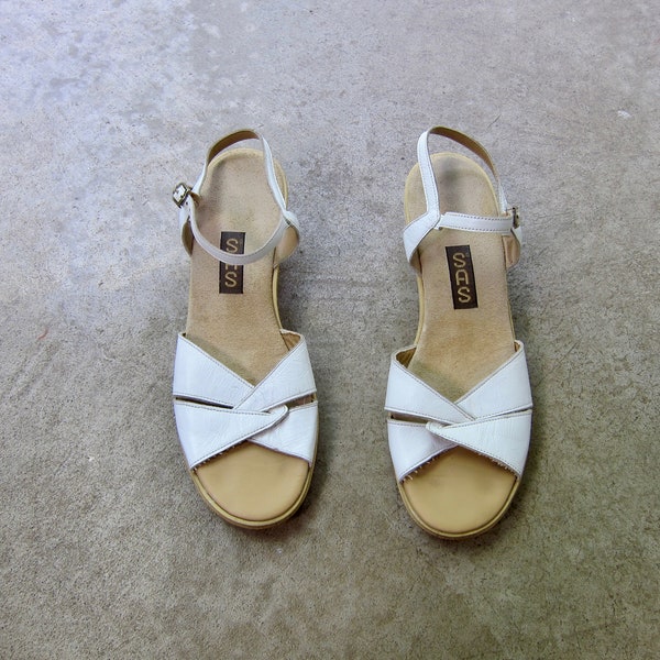 White Leather Wedge Sandals | 80s Leather Peep Toe Summer Wedges | Vintage SAS Ankle Strap Slip Ons Beach Shoes