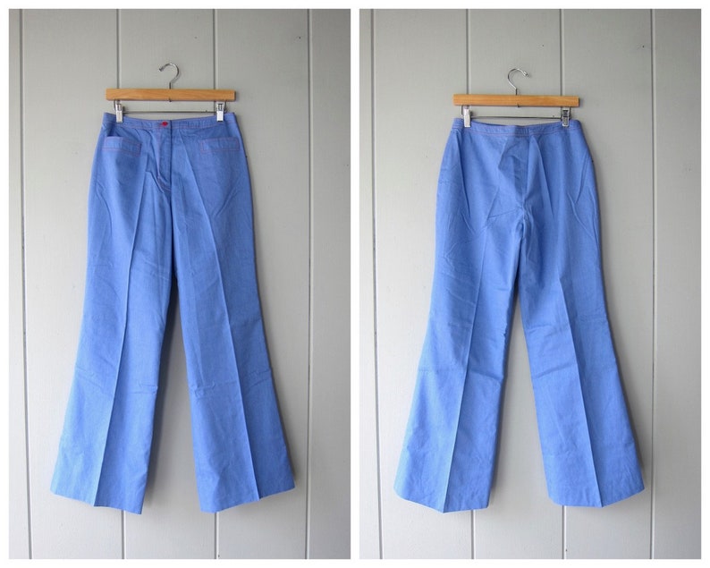 70s Anne Klein Wide Leg Pants Denim Look Vintage Bell Bottoms with Red Stitching Modern Wide Legged Sailor Boho Hippie Trousers NWT CJ image 1