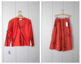 70s Matching Top & Skirt Set | Bill Atkinson High Waist Midi Skirt Crop Tie Shirt | Rainbow Orange Fruit Print Red Thin Cotton Skirt Top CJ